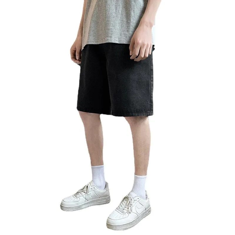 2023 summer new men&#39;s loose casual denim shorts elastic waist drawstring black shorts brand men&#39;s clothing