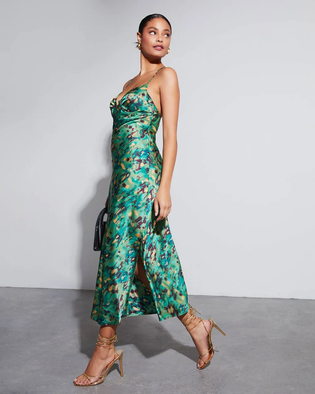 Aiko Printed Satin Slip Midi Dress