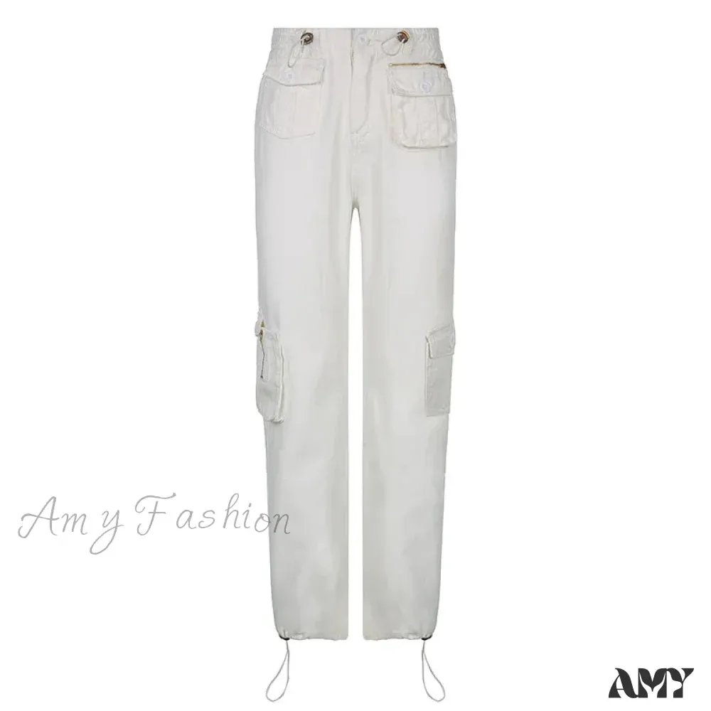 Amy Fashion - Vintage Cargo Baggy Streetwear Pockets Wide Leg Low Waist Casual Loose Y2k Denim Jean