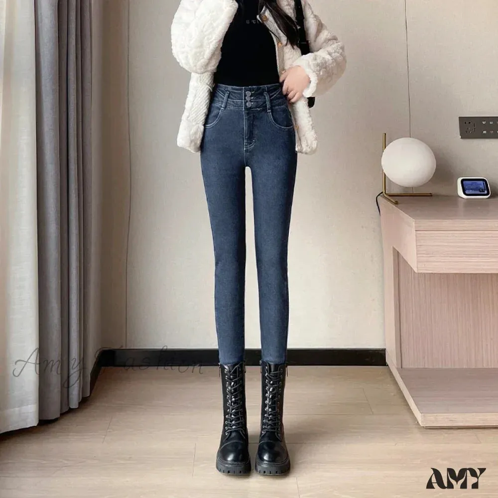 Amy Fashion - Winter Plus Velvet Skinny Women Stretch Denim Trousers Retro Patchwork Autumn Warm Thick Pencil Pants Jean