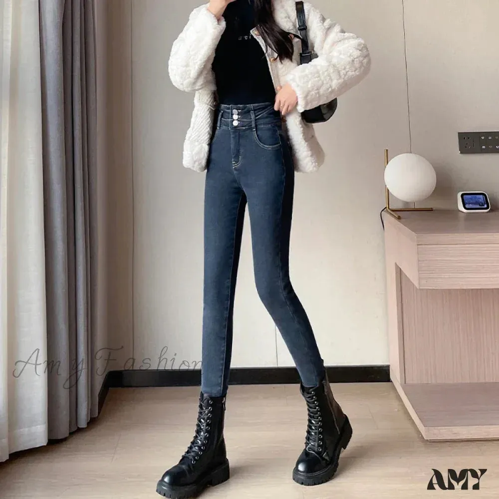 Amy Fashion - Winter Plus Velvet Skinny Women Stretch Denim Trousers Retro Patchwork Autumn Warm Thick Pencil Pants Jean