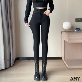 Amy Fashion - Winter Plus Velvet Skinny Women Stretch Denim Trousers Retro Patchwork Autumn Warm Thick Pencil Pants Jean