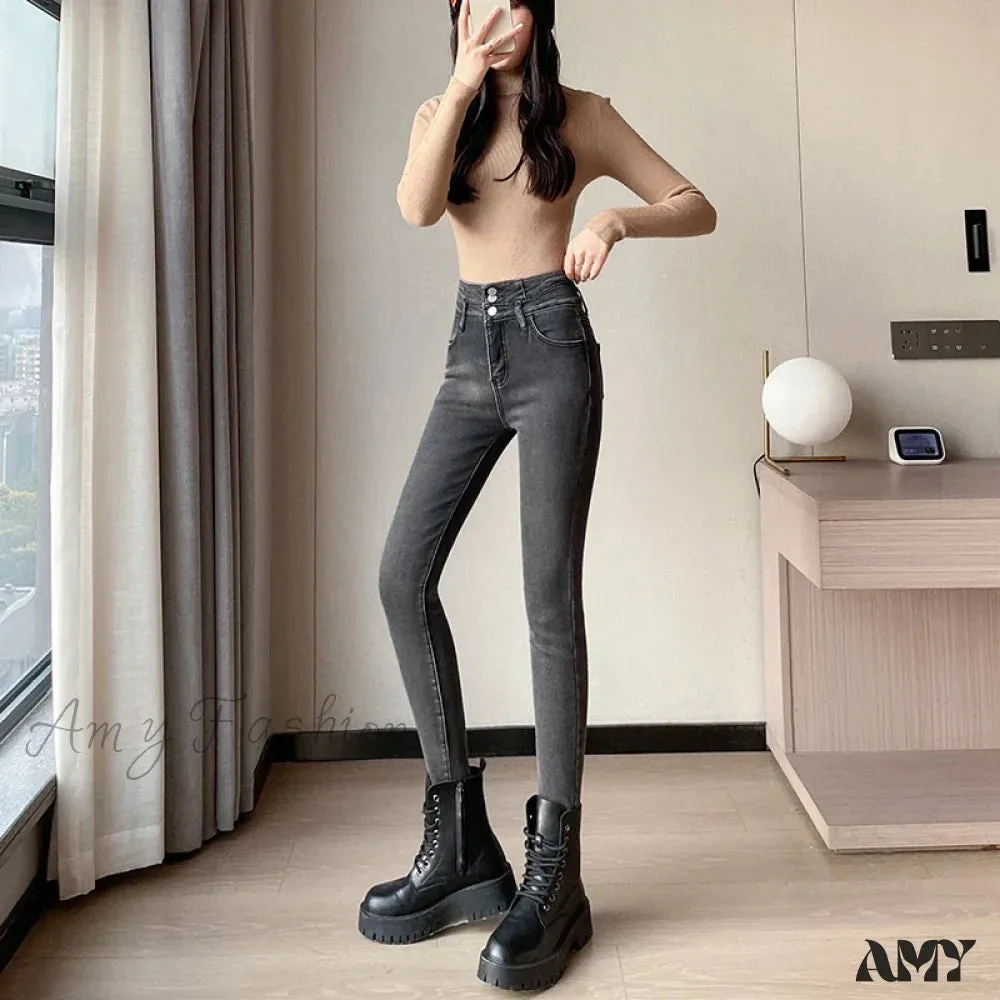 Amy Fashion - Winter Plus Velvet Skinny Women Stretch Denim Trousers Retro Patchwork Autumn Warm Thick Pencil Pants Jean