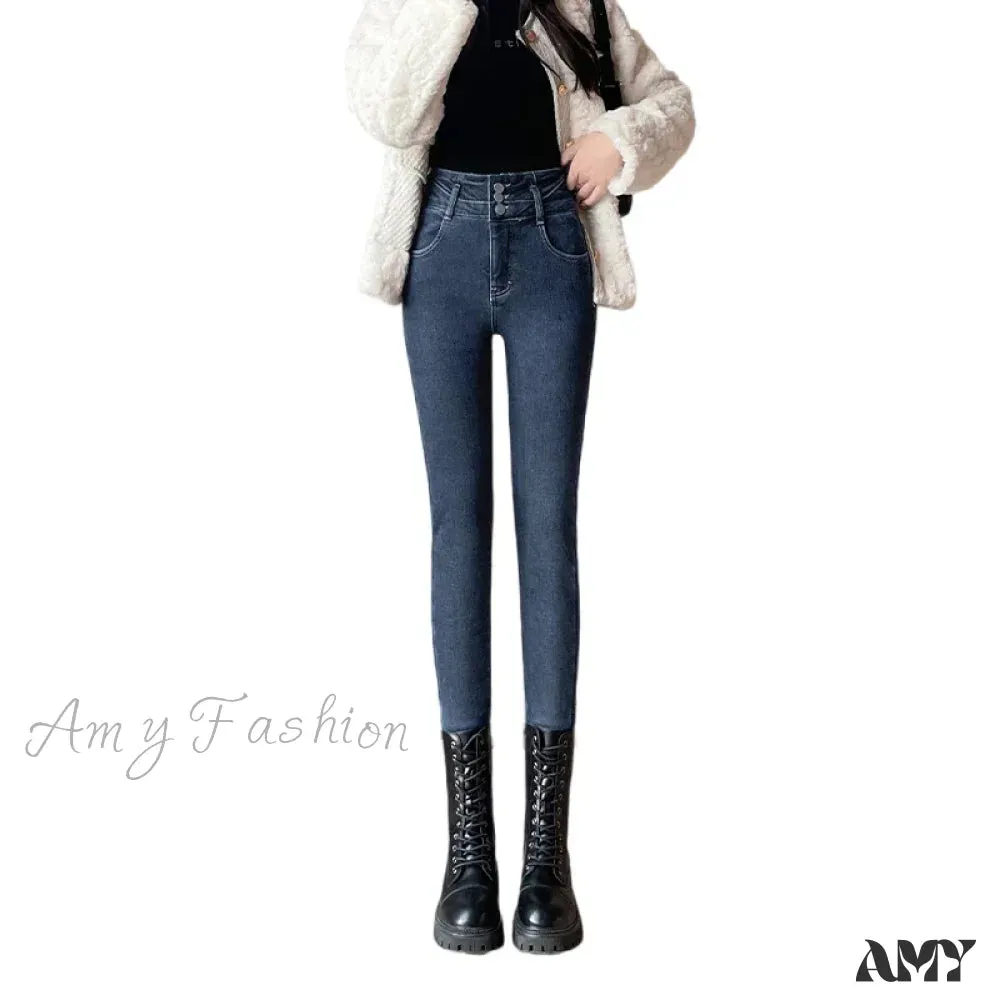 Amy Fashion - Winter Plus Velvet Skinny Women Stretch Denim Trousers Retro Patchwork Autumn Warm Thick Pencil Pants Jean