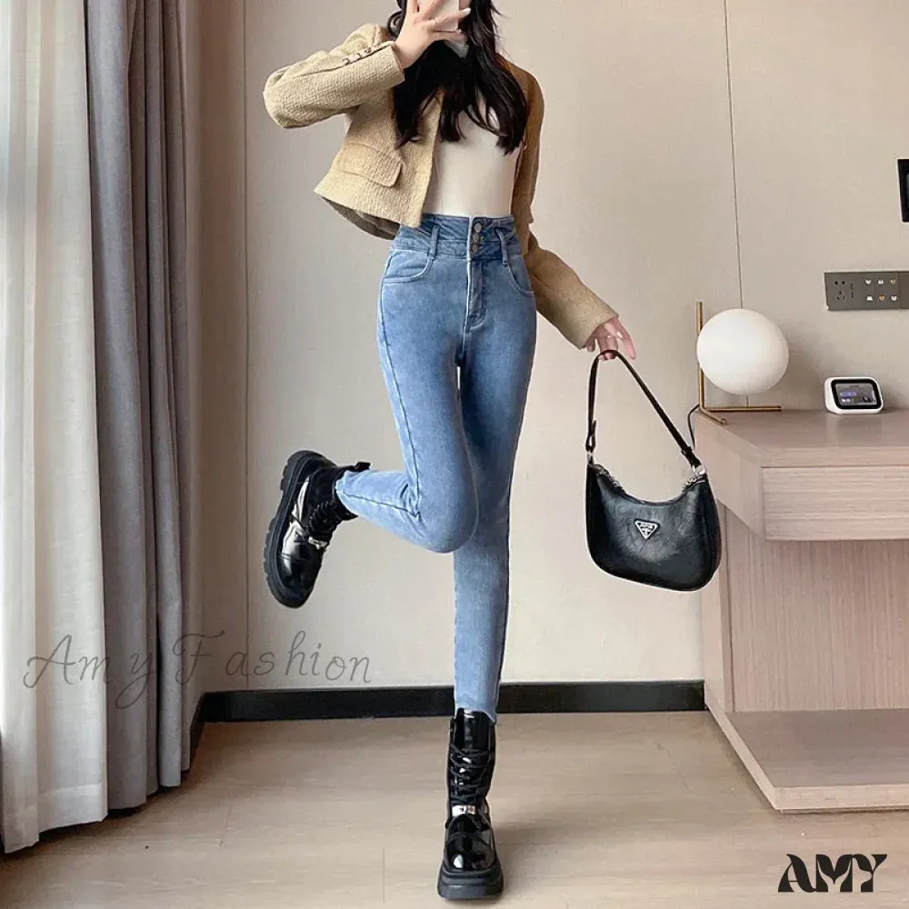 Amy Fashion - Winter Plus Velvet Skinny Women Stretch Denim Trousers Retro Patchwork Autumn Warm Thick Pencil Pants Jean