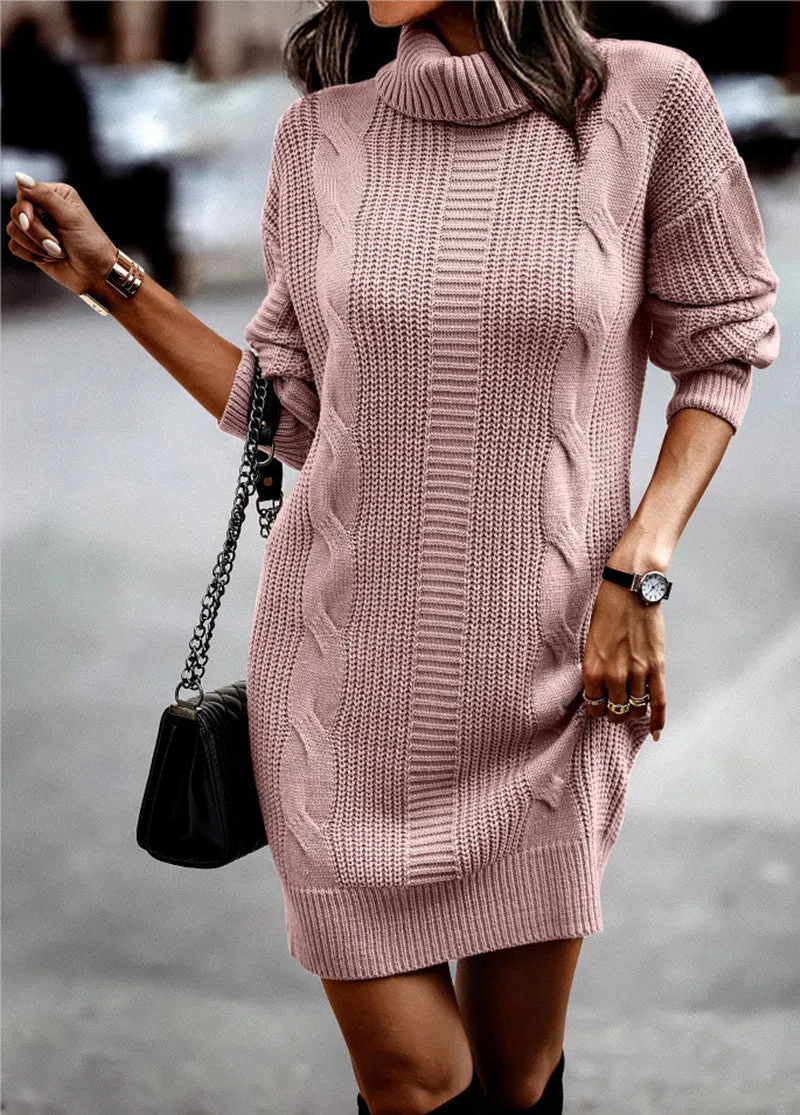 Autumn and Winter High Neck Long Sleeve Bodycon Sweater Dress