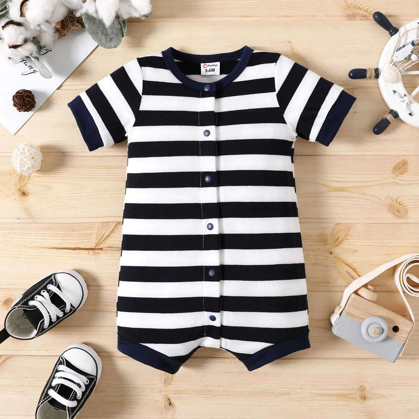 Baby Boy Print/Striped Short-sleeve Snap Romper