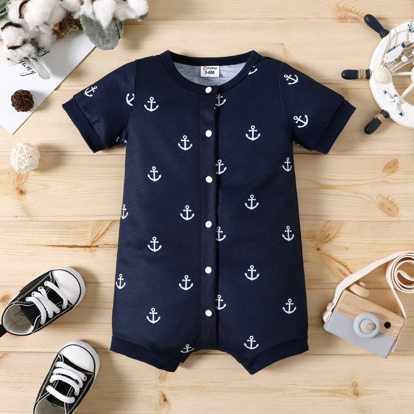 Baby Boy Print/Striped Short-sleeve Snap Romper