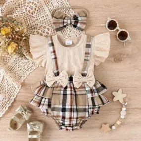 Baby Girl 95% Cotton Ribbed Ruffle-sleeve Bow Décor Spliced Plaid Romper & Headband Set Perfect for Outings 2pcs