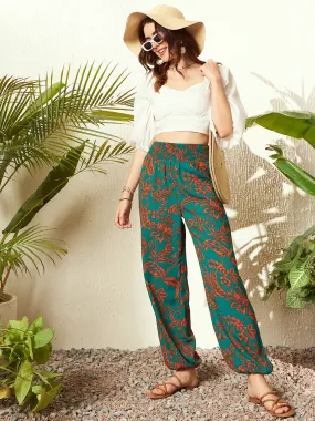 Berrylush Women Green & Orange Floral Printed High-Rise Waist Wide-Leg Slip-On Smocked Regular Parallel Pants