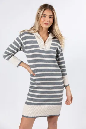 Between You and Me Grey Striped Quarter Zip Sweater Dress FINAL SALE