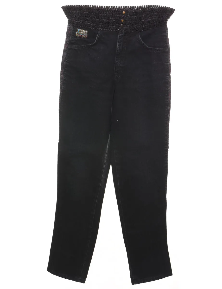 Black & Floral Trim Tapered Black Jeans - W26 L29