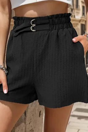 BLACK CRINKLE HIGH WAISTED STRAIGHT LEG SHORTS_CWBSP0186