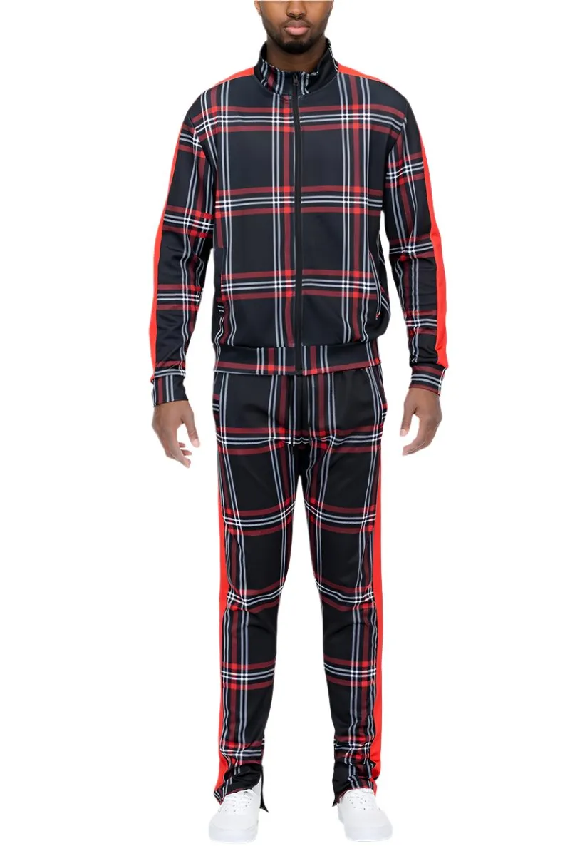 Black Red Plaid Track Jacket and Pant Set Mens