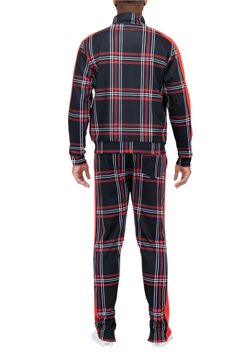 Black Red Plaid Track Jacket and Pant Set Mens