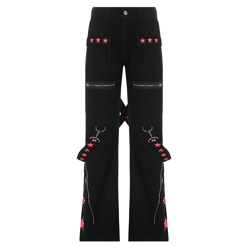 Black Red Star Utility Combat Pants With Straps