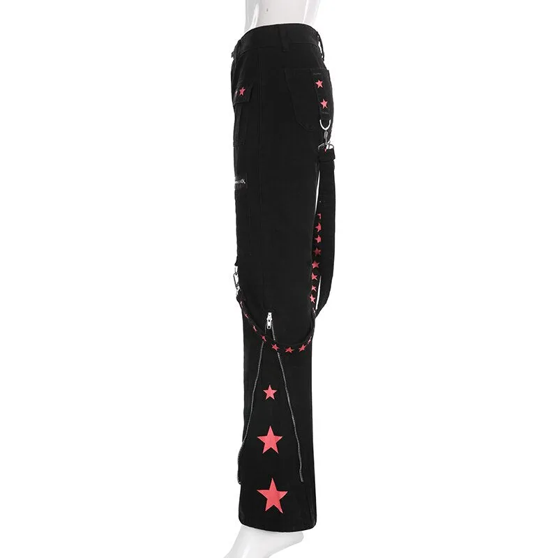 Black Red Star Utility Combat Pants With Straps