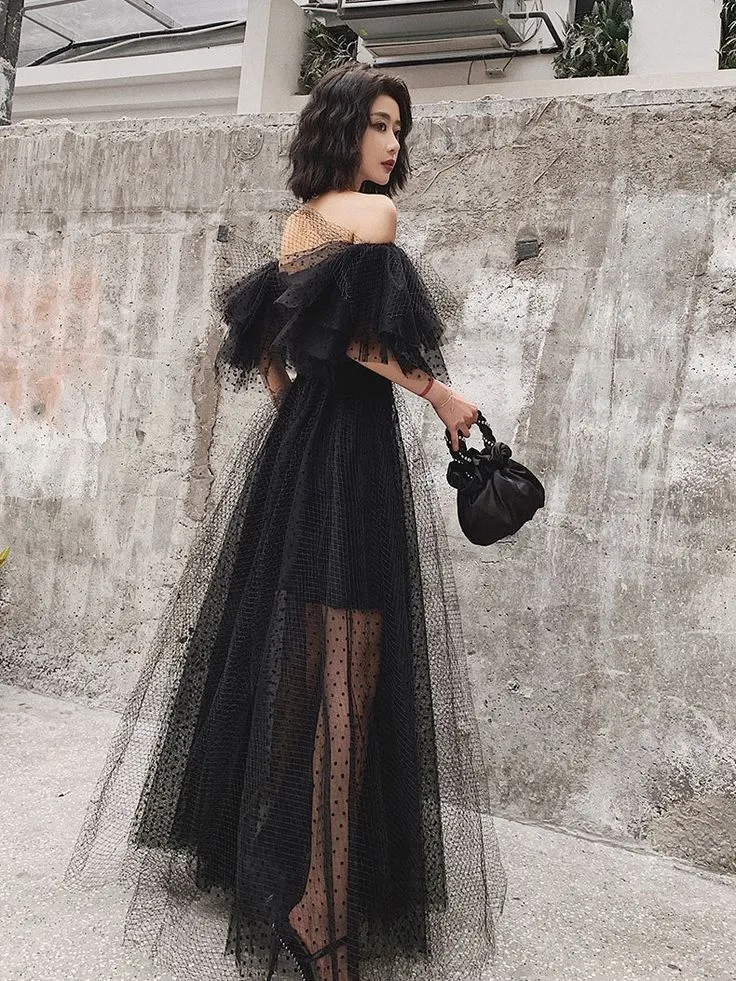 Black Tulle Long Prom Dress, Formal Dress Black Graduation Dresses      fg3228