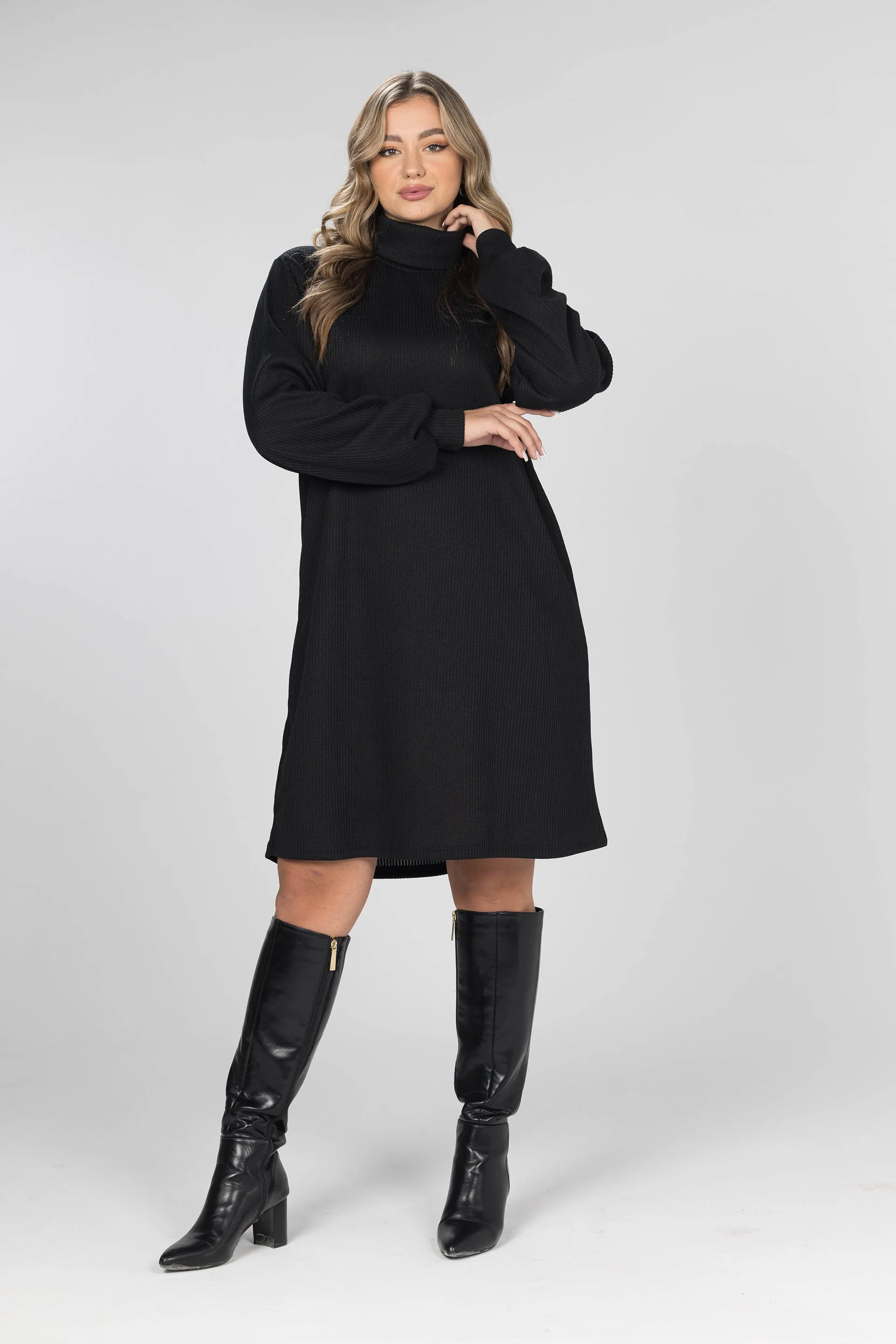 Black Turtleneck Basic Dress - Black