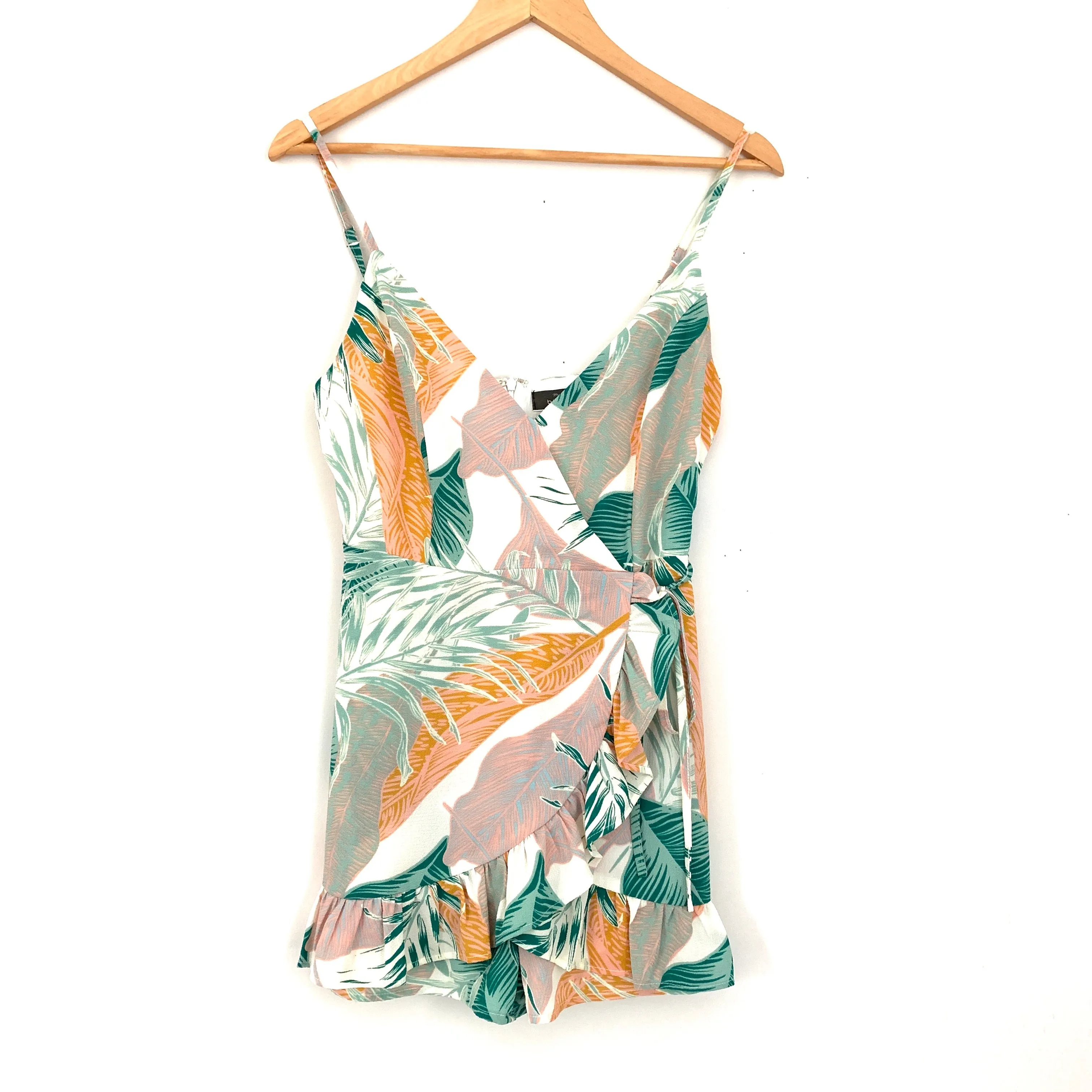 Blue Blush Palm Print Faux Wrap Romper- Size S