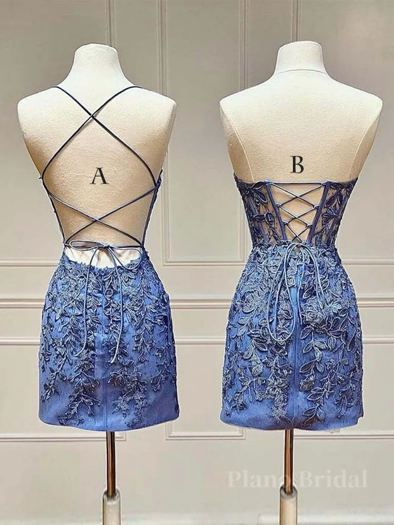 Blue Lace Short Prom Dress, Blue Homecoming Dress