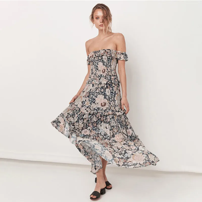 Bohemian Strapless Floral Smocking Dress