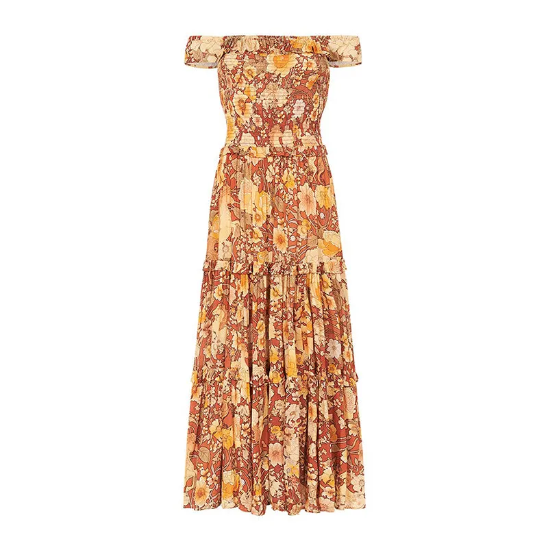 Bohemian Strapless Floral Smocking Dress