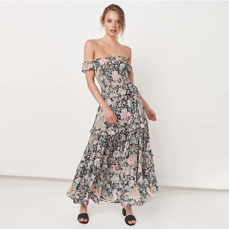 Bohemian Strapless Floral Smocking Dress