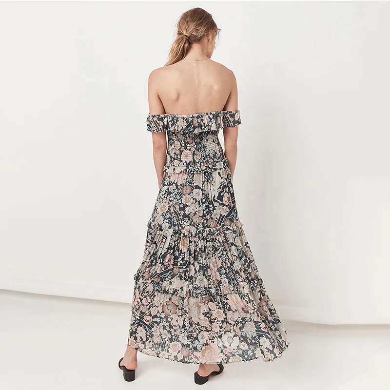 Bohemian Strapless Floral Smocking Dress