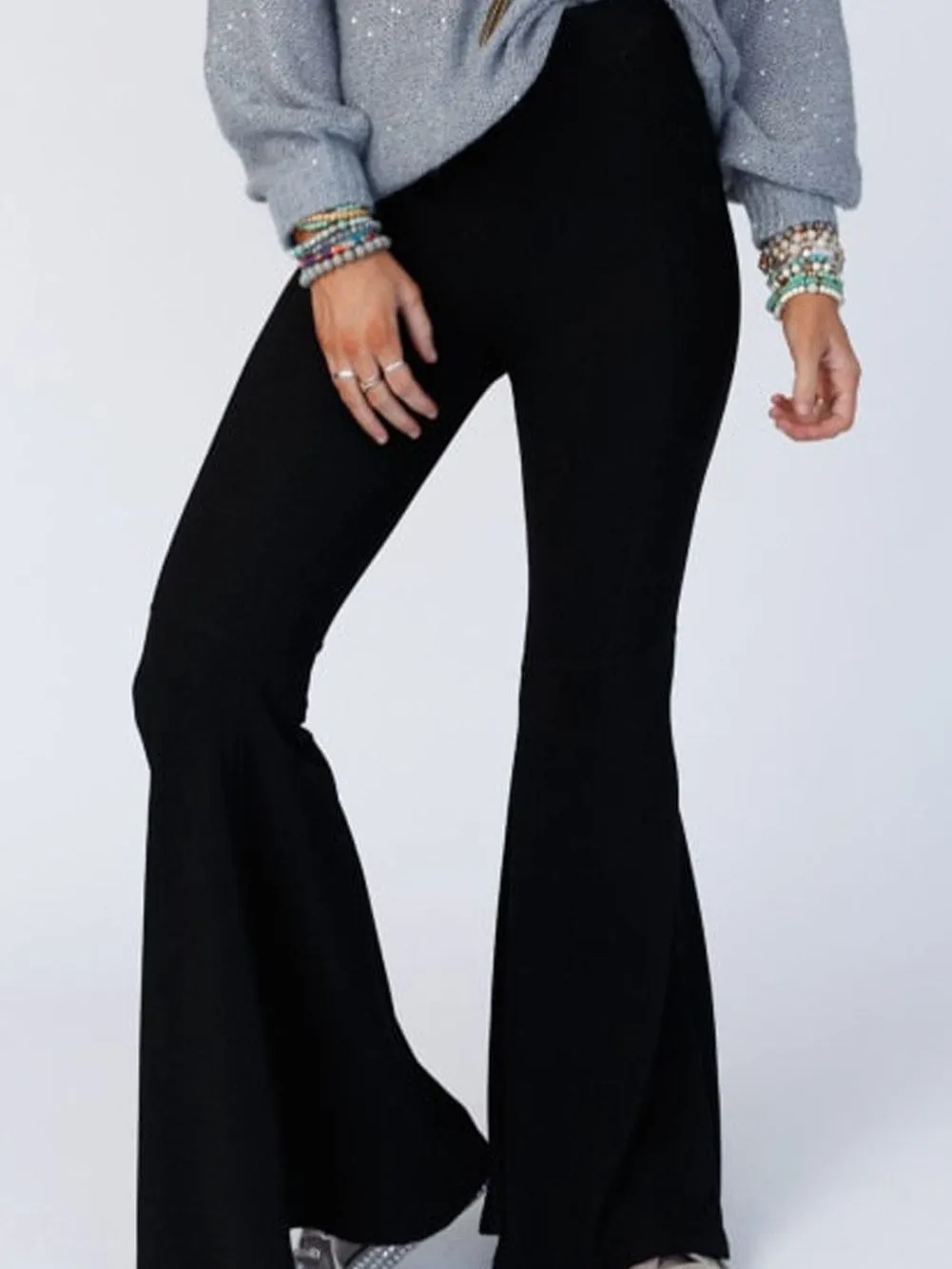 Boho Chic Black Ribbed Flare Trousers