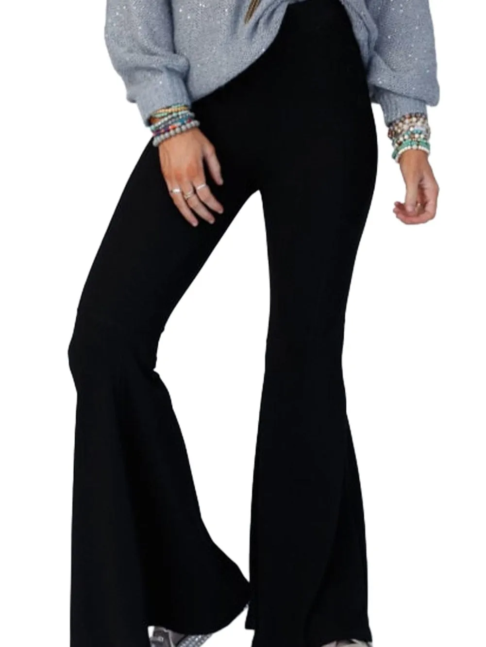 Boho Chic Black Ribbed Flare Trousers