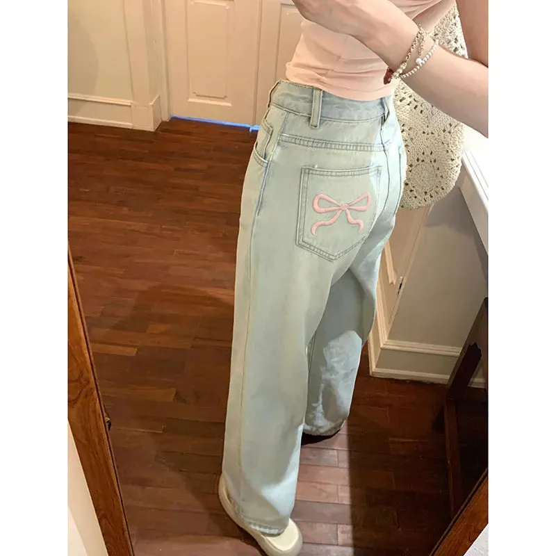 Bonnyshow Blue Jeans for Women High Quality High Waist American Wide Leg Pants Bow Embroidery Y2K Vintage Straight Summer Trousers