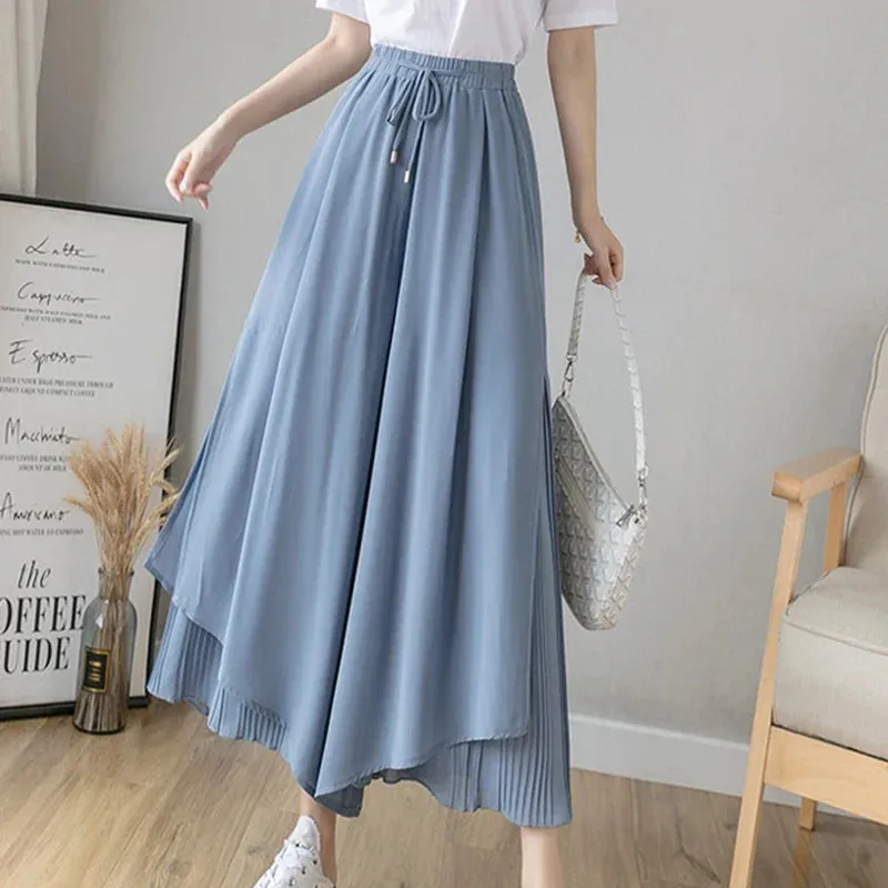 Bonnyshow Elastic Wide Leg Pants Women Korean Fashion Chiffon Trousers Summer Casual Loose Pleated Pants Lady High Waist Street Skirt Pant