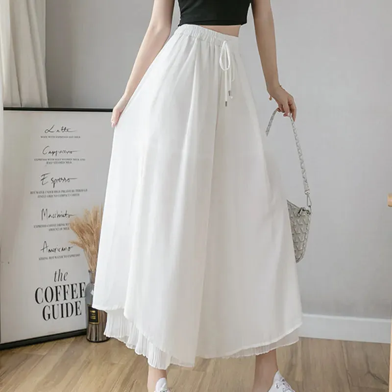 Bonnyshow Elastic Wide Leg Pants Women Korean Fashion Chiffon Trousers Summer Casual Loose Pleated Pants Lady High Waist Street Skirt Pant