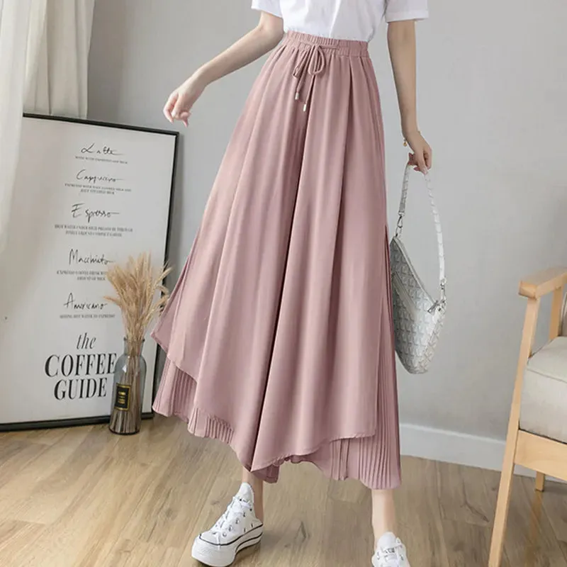 Bonnyshow Elastic Wide Leg Pants Women Korean Fashion Chiffon Trousers Summer Casual Loose Pleated Pants Lady High Waist Street Skirt Pant