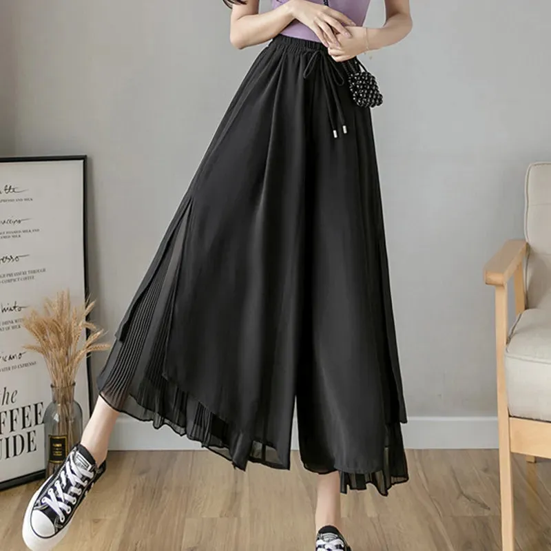 Bonnyshow Elastic Wide Leg Pants Women Korean Fashion Chiffon Trousers Summer Casual Loose Pleated Pants Lady High Waist Street Skirt Pant