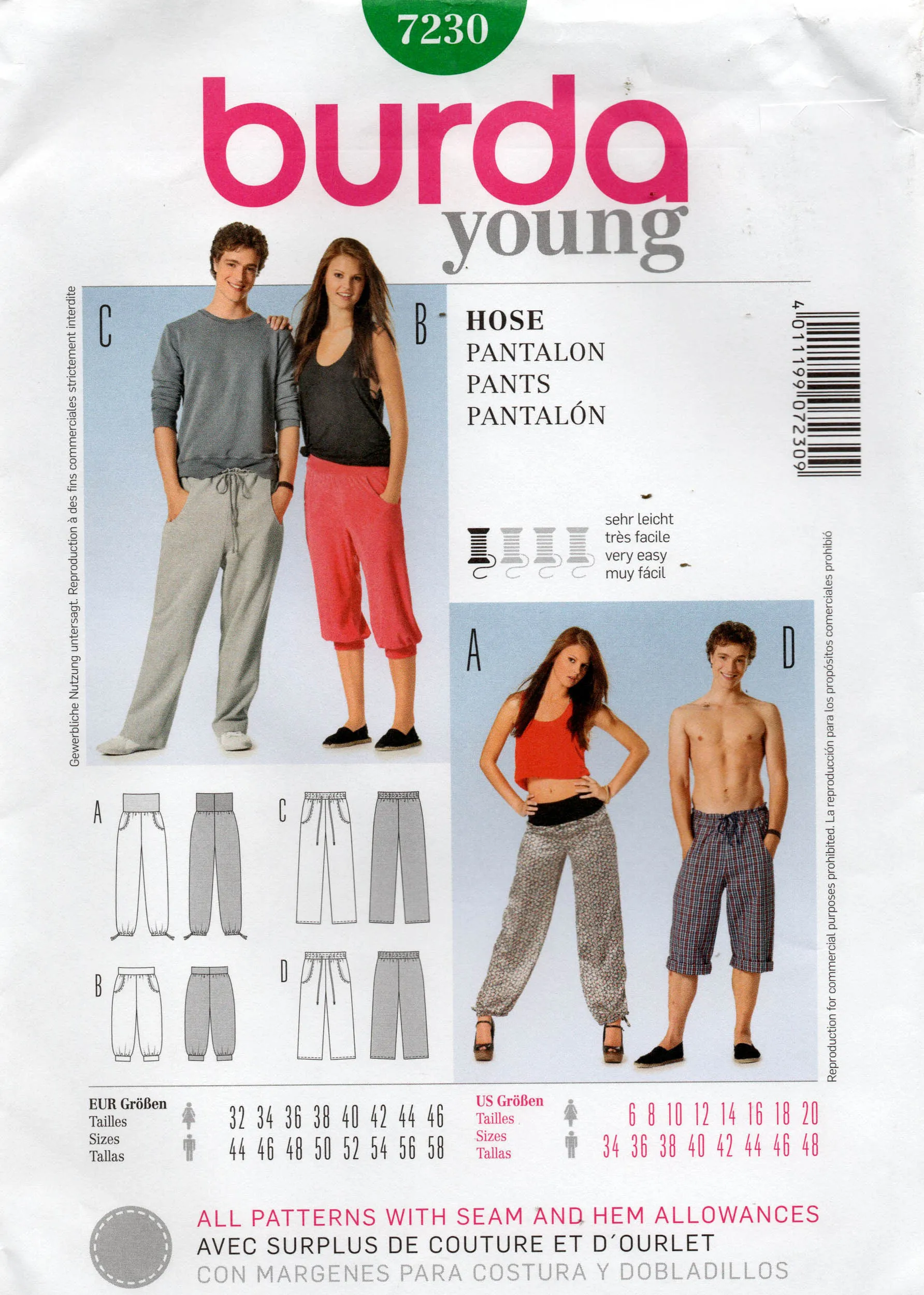 Burda Young 7230 Womens UNISEX Stretch or Woven Pants Sewing Pattern Sizes 8 - 20 UNCUT Factory Folded