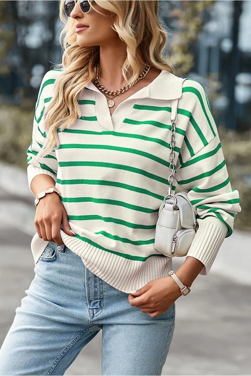 COLOR STRIPE CASUAL COLLAR TOP