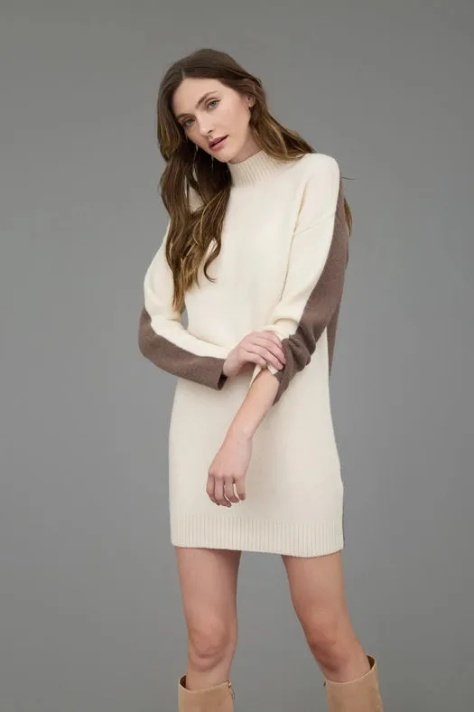 Colorblock Mock Neck Long Sleeve Sweater Dress IVORY