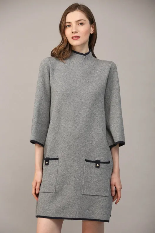 Contrast Color Knit Mock Neck Sweater Dress   GREY / NAVY