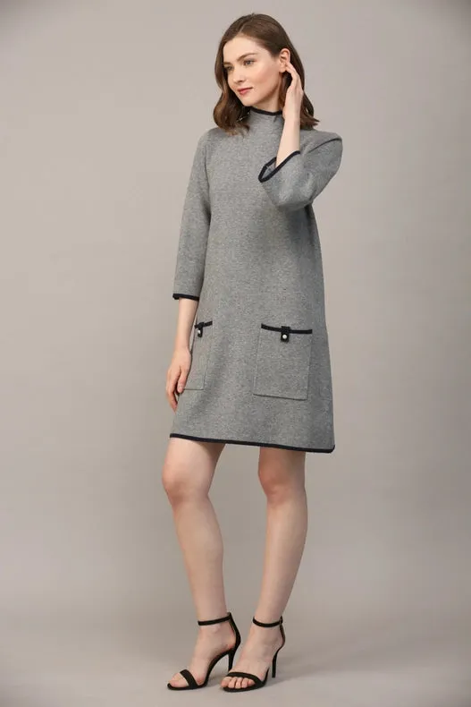 Contrast Color Knit Mock Neck Sweater Dress   GREY / NAVY