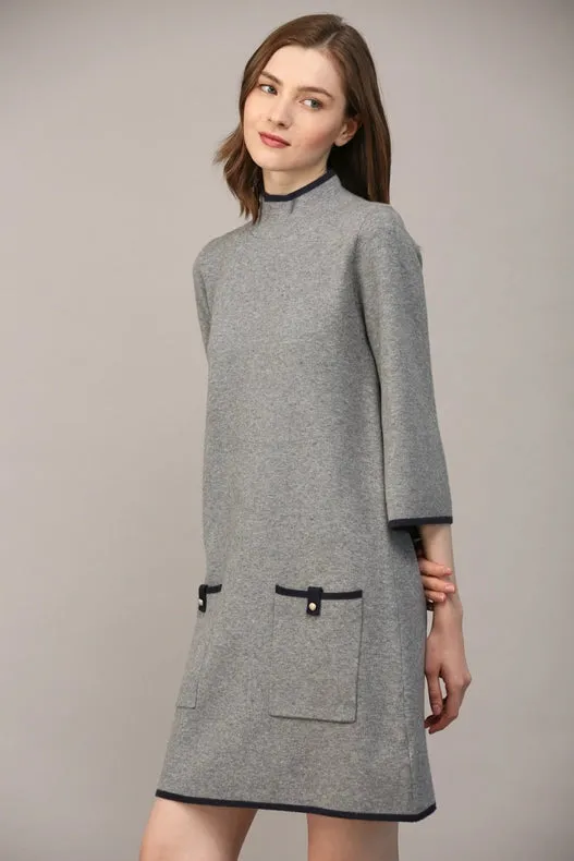 Contrast Color Knit Mock Neck Sweater Dress   GREY / NAVY