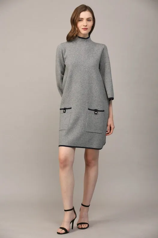 Contrast Color Knit Mock Neck Sweater Dress   GREY / NAVY