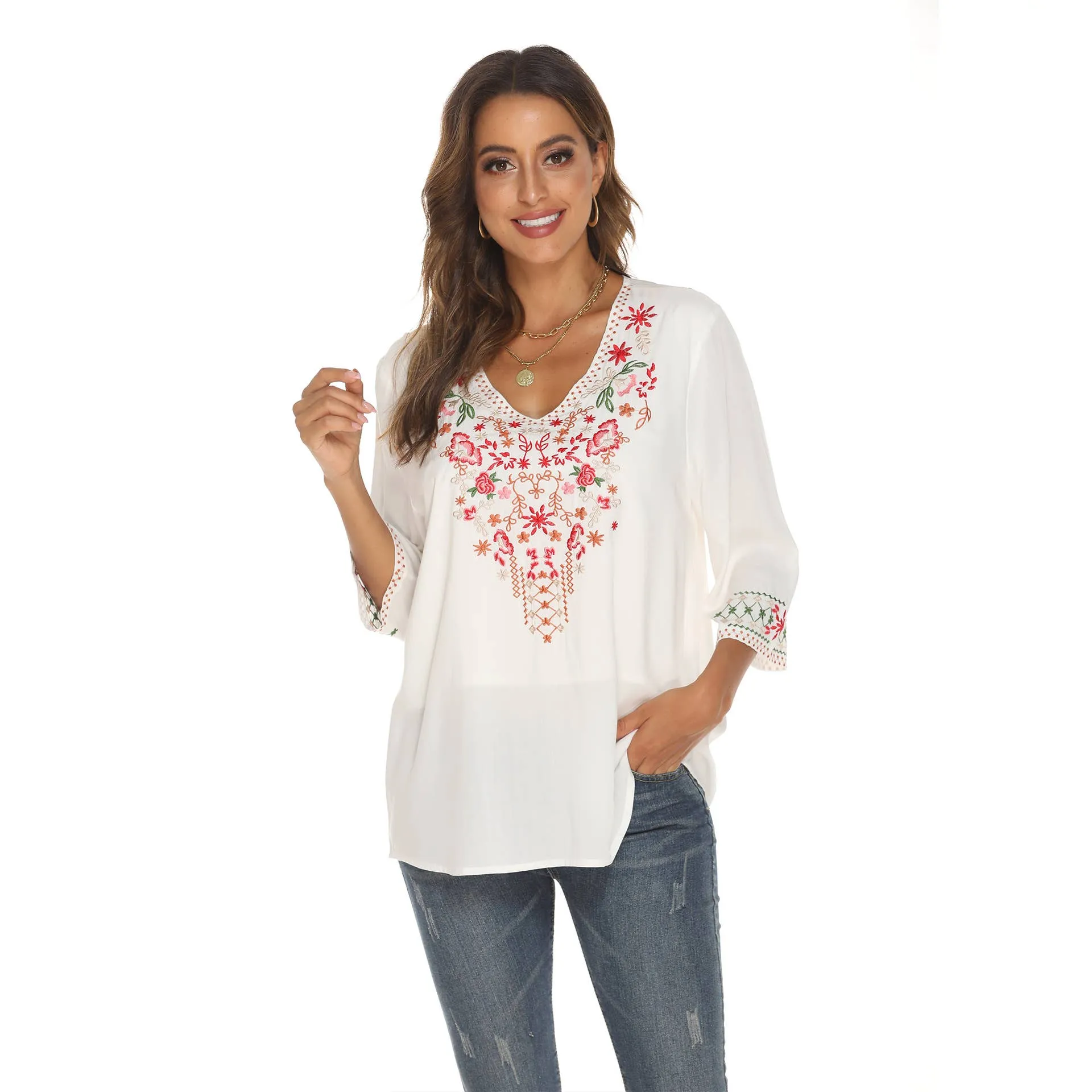 COTTON LOOSE DEEP V EMBROIDERED TOP_CWTBLL0818