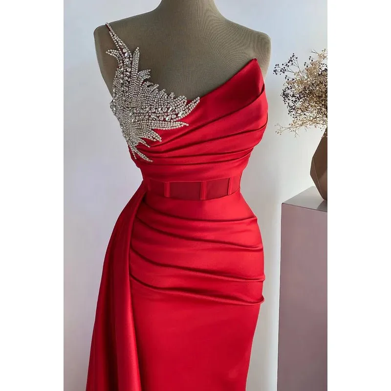 Couture & Ornate V-Neck Sleeveless Ruched Sheath Rhinestones Party Prom Dress