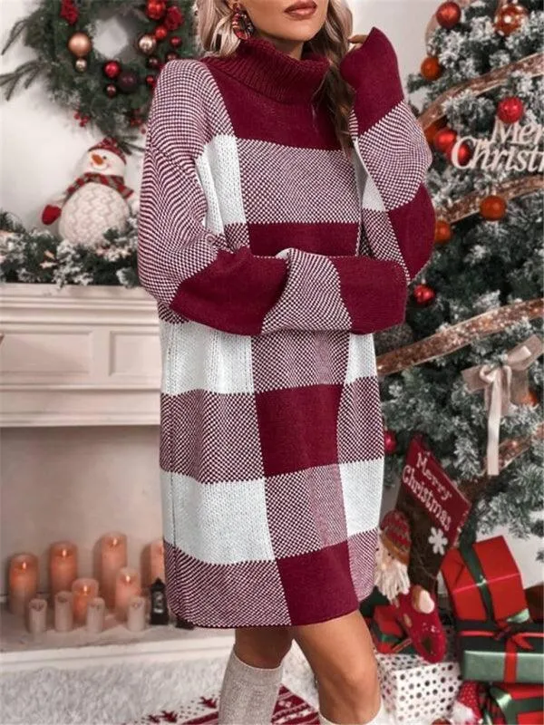 Cozy Holiday Plaid Turtleneck Dress