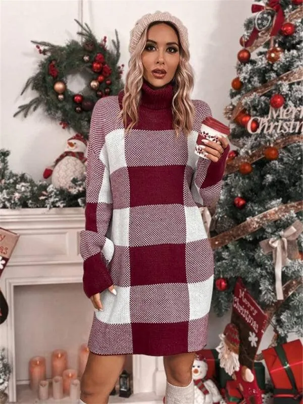 Cozy Holiday Plaid Turtleneck Dress