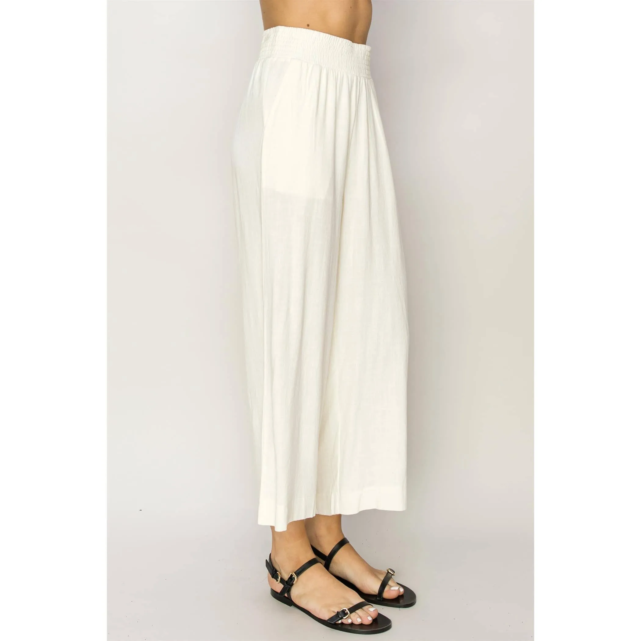 Cream Linen High Waist Wide Leg Trousers