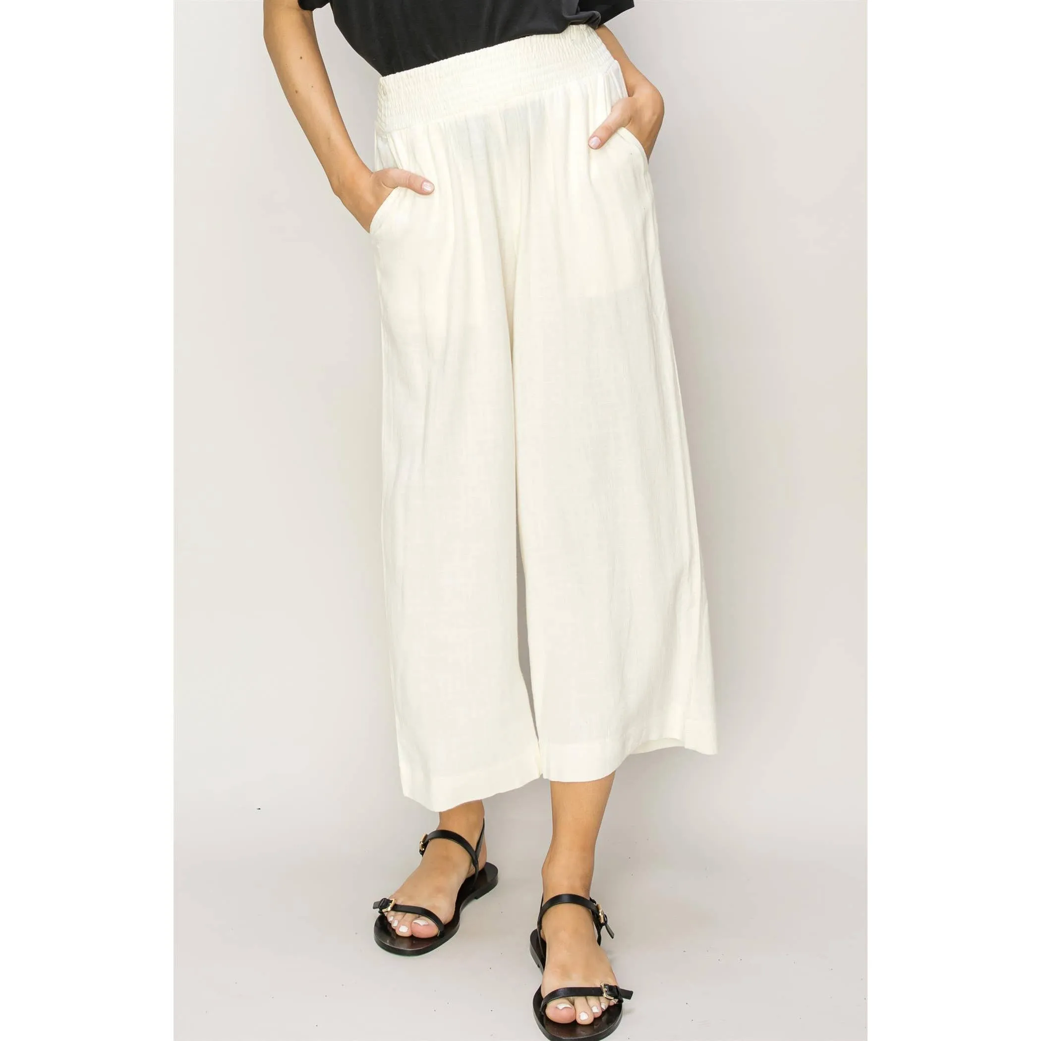 Cream Linen High Waist Wide Leg Trousers