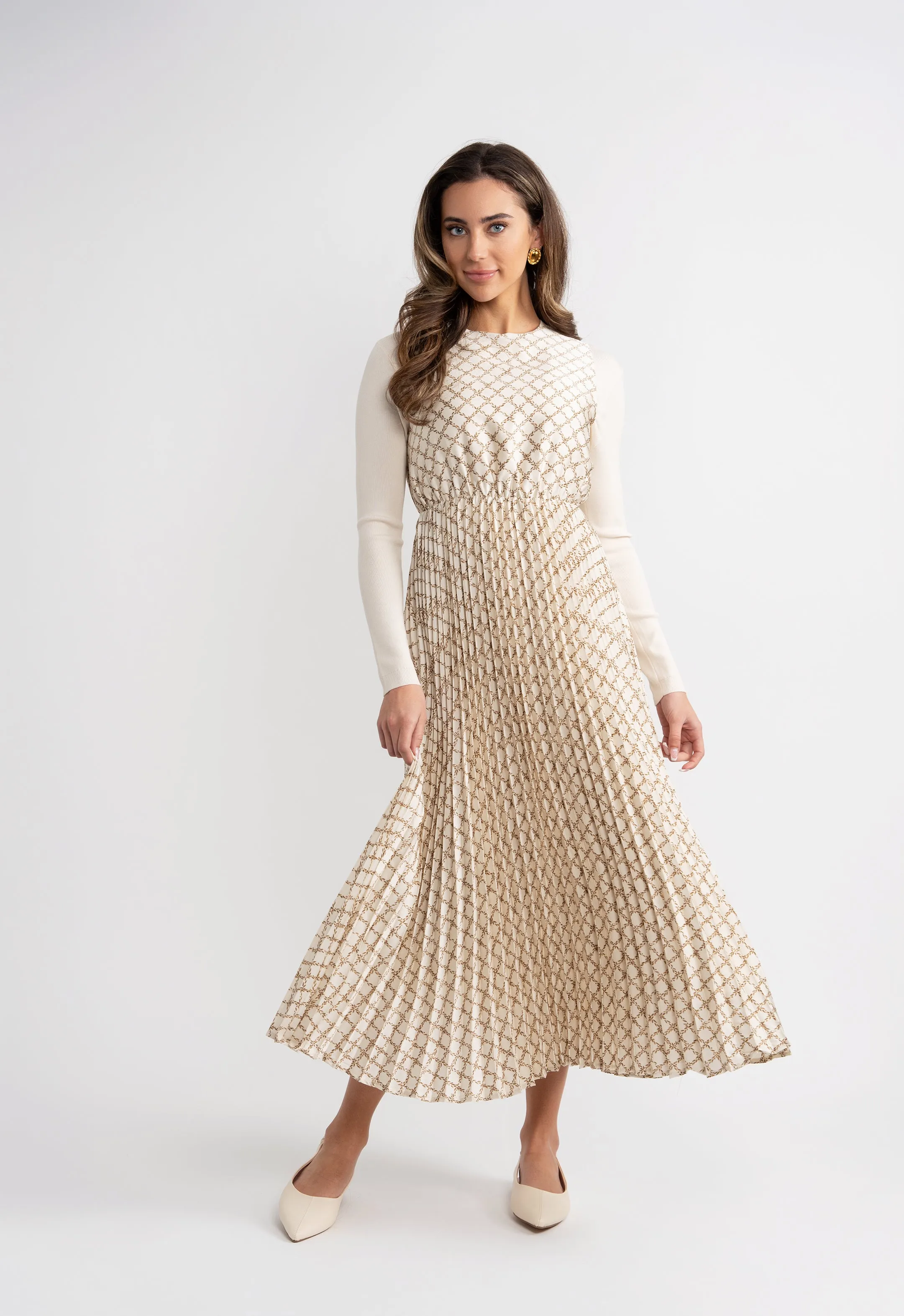 dress pleated satin jumper with knit sweater - cream